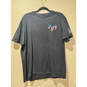 Buck Wear Mens Black Lab Red White and True American Flag Deer Skull T-Shirt LG